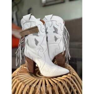 White Leather Fringe Western Heeled Boots